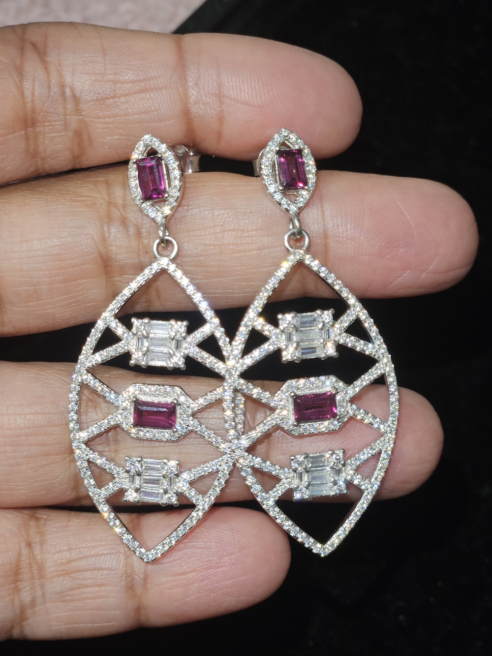 925S Purple Garnet Gemstone Drop Earrings with Clear Quartz Accents